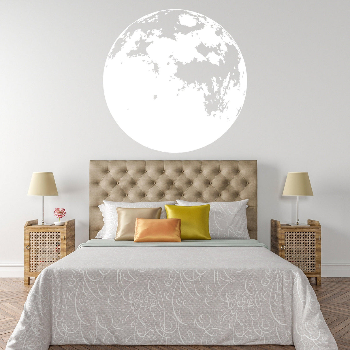 Glow in the dark moon wall sticker above a bed in a kid's room, enhancing nighttime decor.