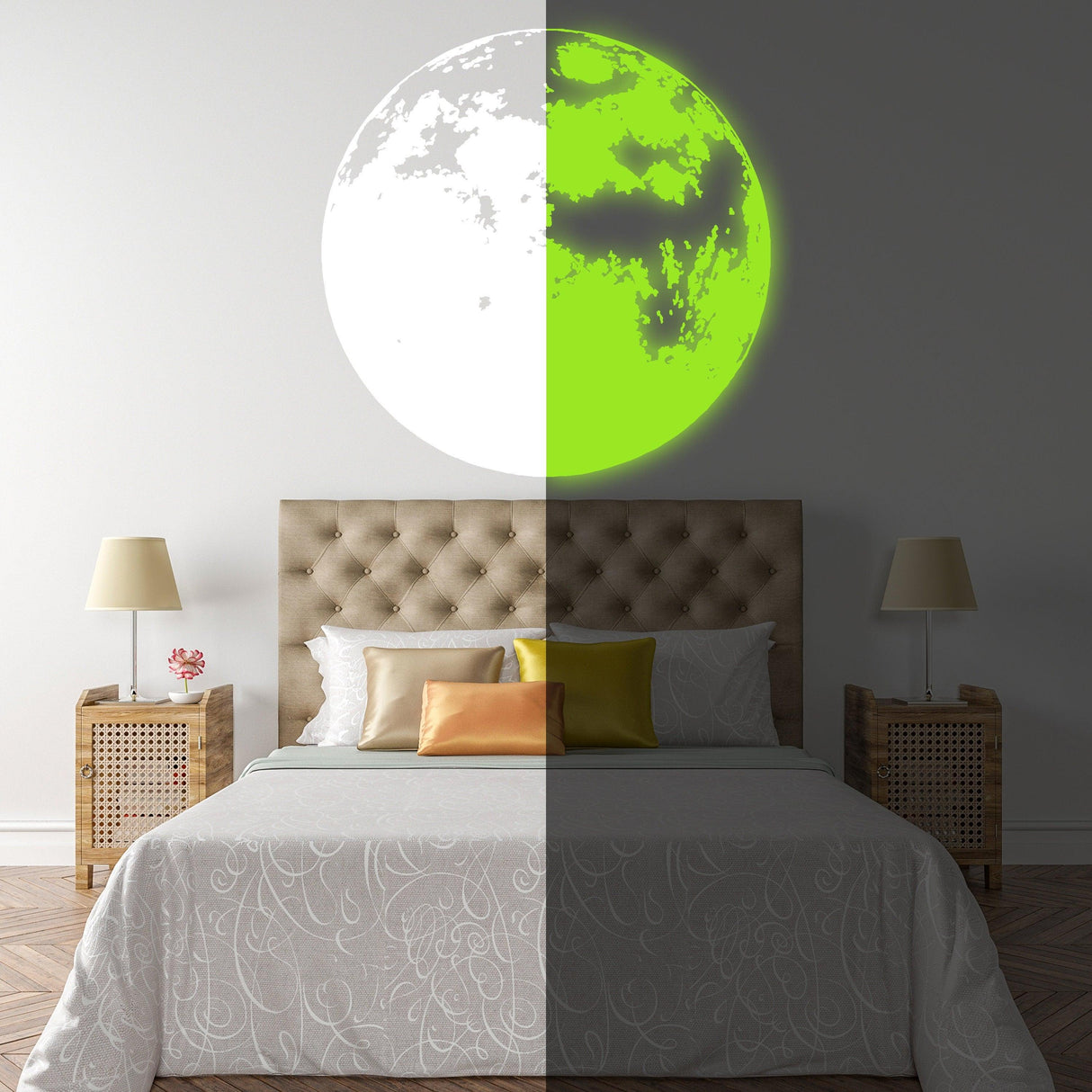 Glow In The Dark Moon Wall Sticker enhancing a modern bedroom decor with a luminous effect at night.