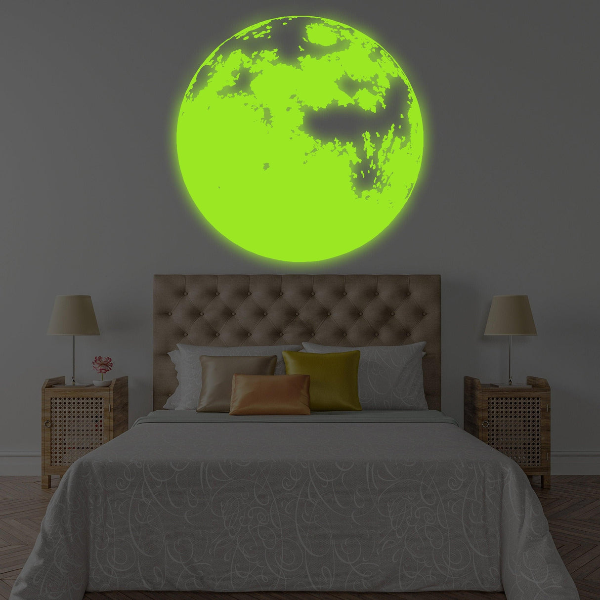 Glow in the dark moon wall sticker illuminating a bedroom, creating a magical and enchanting atmosphere.