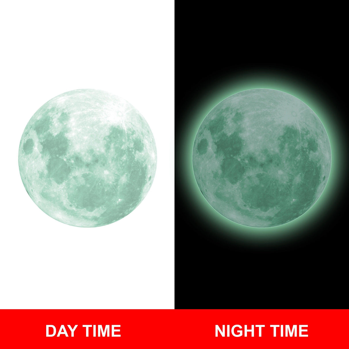 Glow in the Dark Full Moon showing daytime and nighttime display, perfect for bedroom ceiling decoration.
