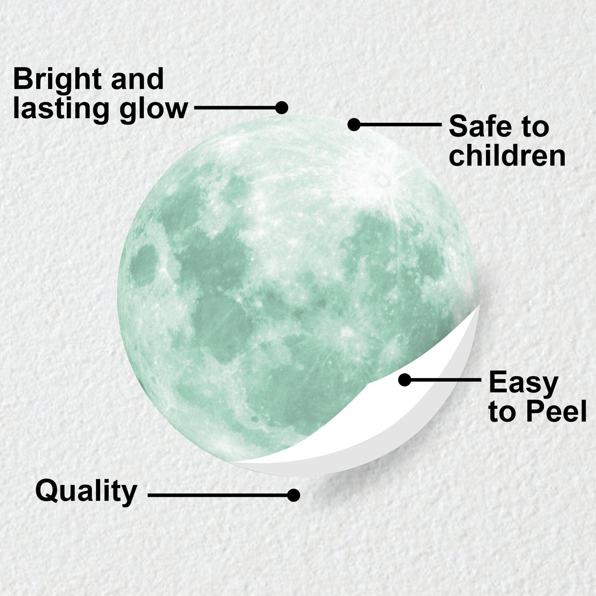 Glow In The Dark Moon Wall Sticker with bright glow, safe for children, easy to peel, high-quality design.