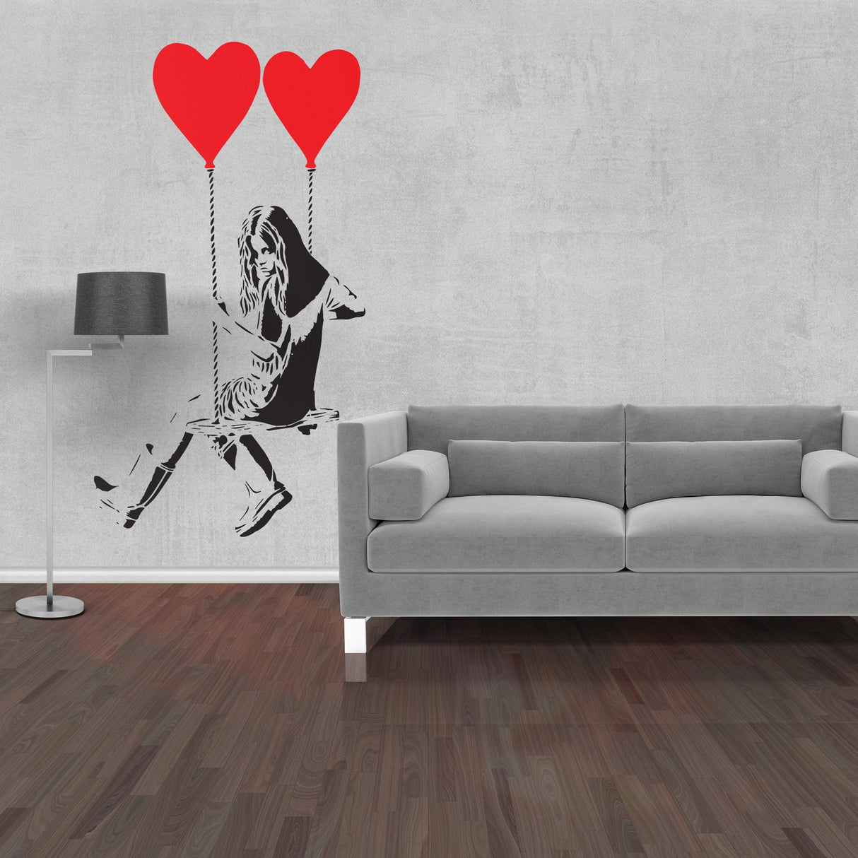 Banksy Girl with Heart Balloon wall sticker in a stylish living room, showcasing vibrant red hearts and whimsical design.