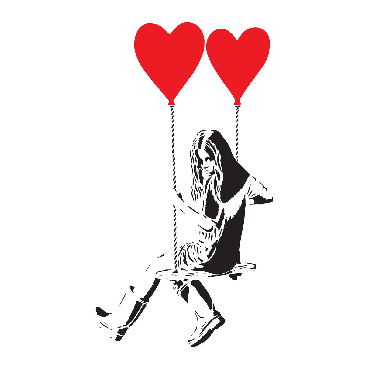 Banksy-inspired girl swinging with two red heart balloons, vinyl wall sticker for home decor, pop art style.