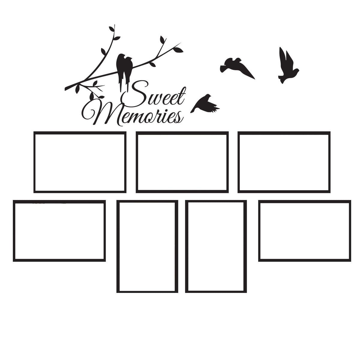 Vinyl wall decal featuring 'Sweet Memories' text, birds, and frames for photos, ideal for room decor.