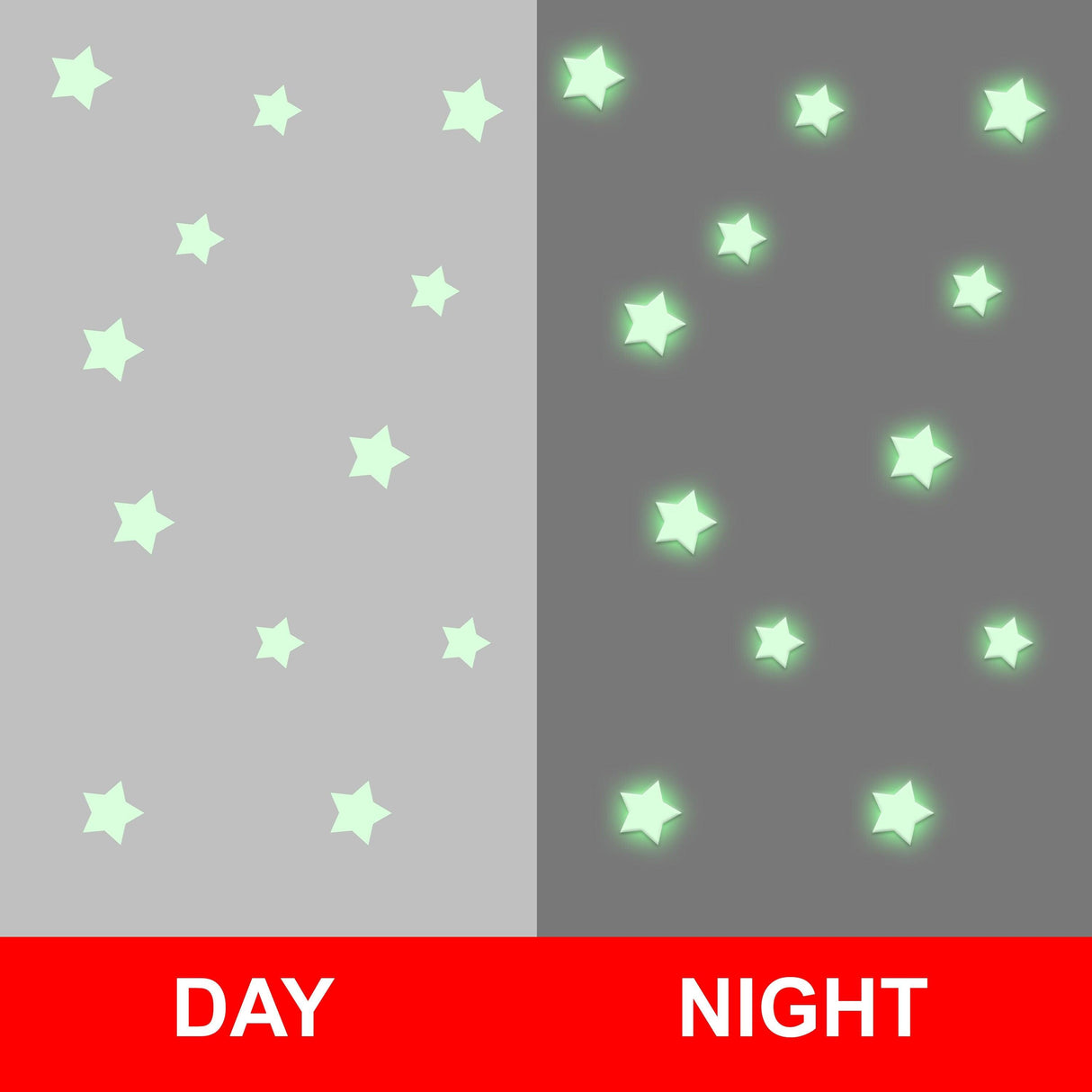 Comparison of glow in the dark stars stickers displayed in day and night settings on walls.