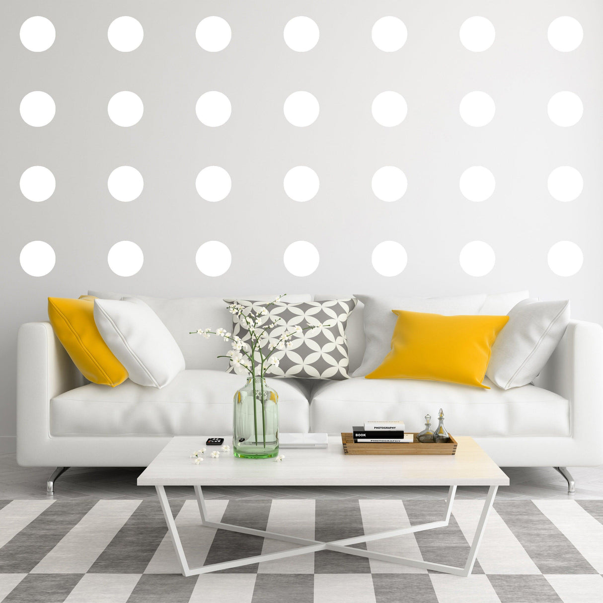 Stylish living room featuring white wall with glow in dark dots wall stickers and modern furniture.
