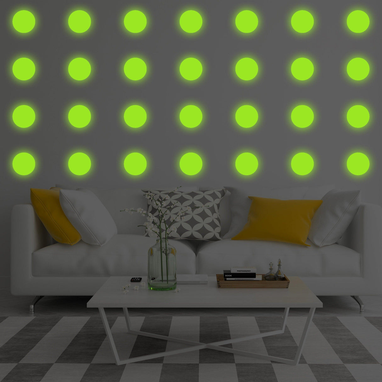 Luminous glow in dark wall dots attached to a stylish living room wall, adding a magical touch to the space.