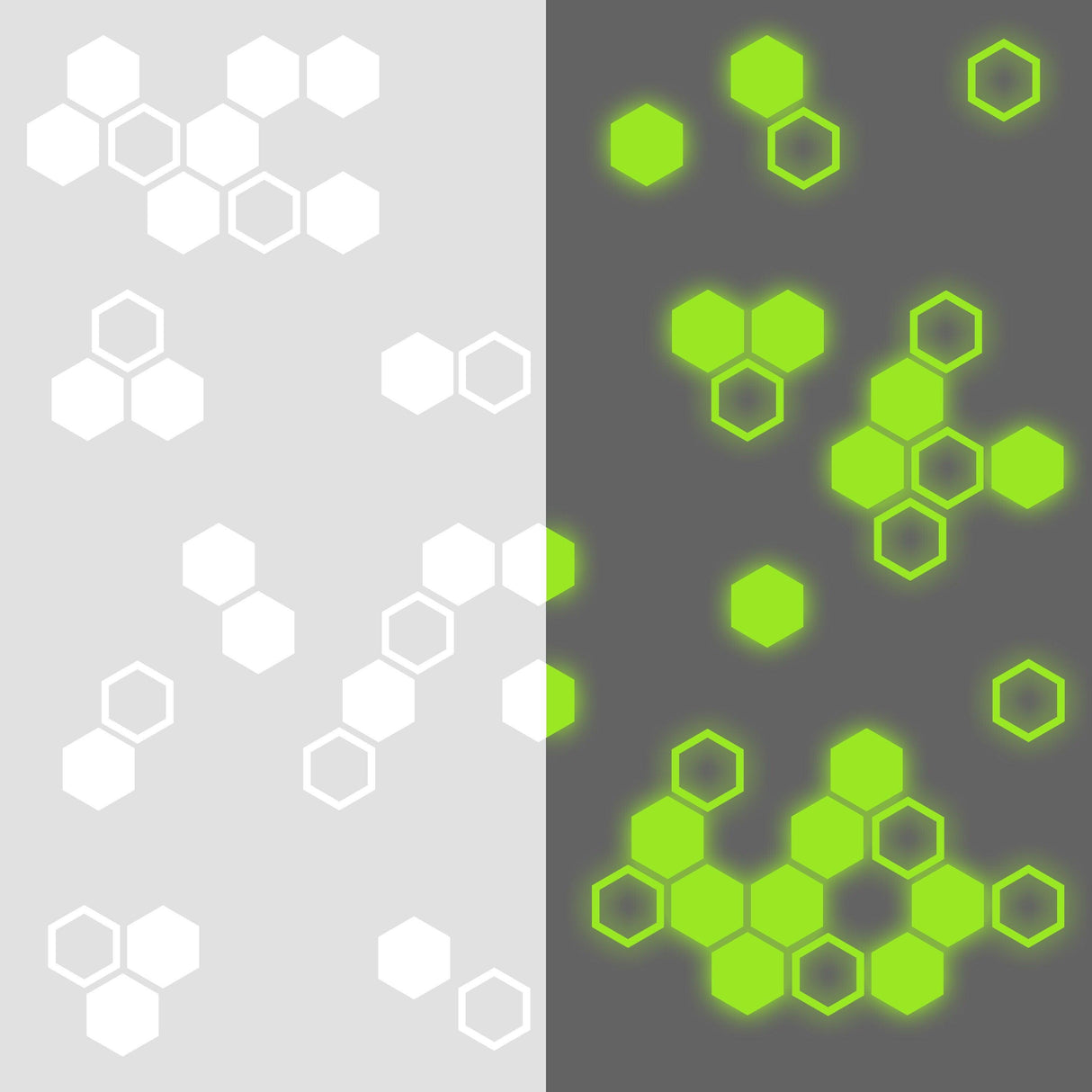 Glow in dark honeycomb wall decals featuring white and green geometric hexagon patterns on contrasting backgrounds.
