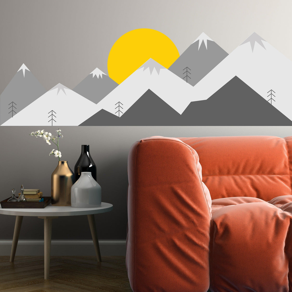 Mountain wall decal with sun and trees, perfect for nursery or kid's room decor.