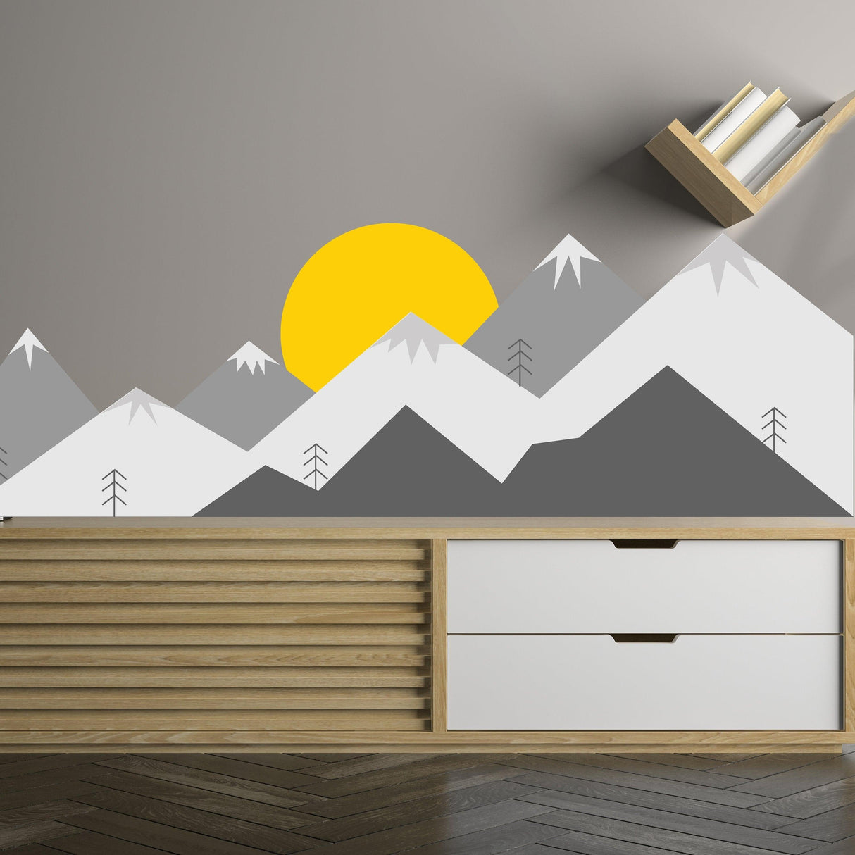 Mountain wall decal featuring a colorful landscape with mountains and a sun, perfect for a nursery or kid's room.
