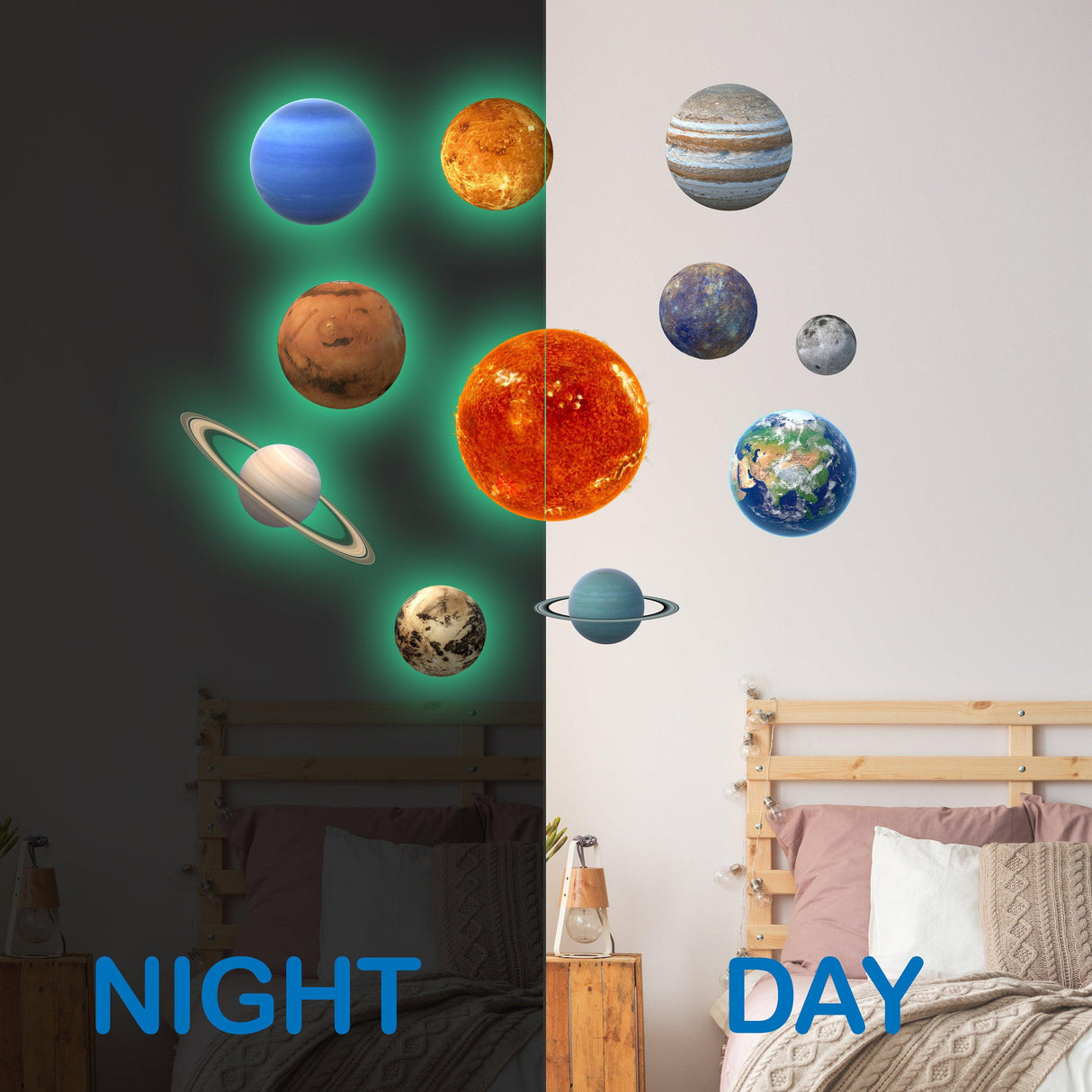Glow In The Dark Planet Wall Decals shown in night and day settings, featuring the solar system's planets.
