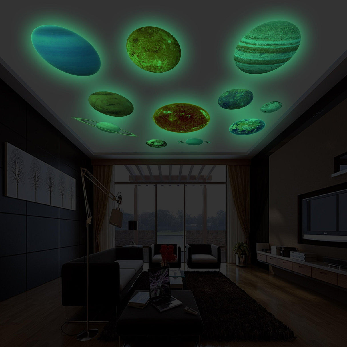 Glow in the dark planet wall decals showcasing the solar system on a modern ceiling, creating a magical atmosphere.
