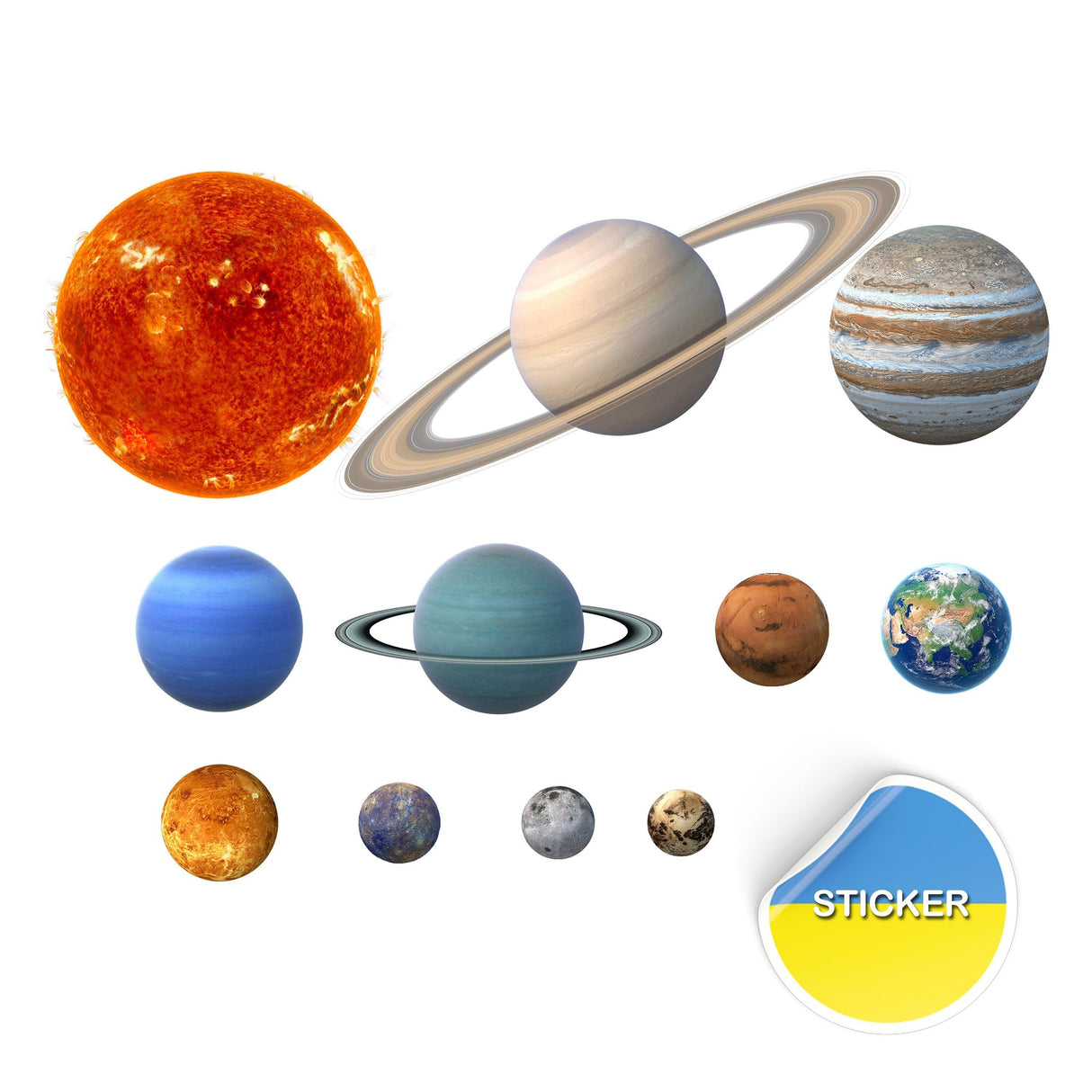 Glow in the dark solar system wall decals featuring all eight planets and the sun, perfect for ceiling decoration.