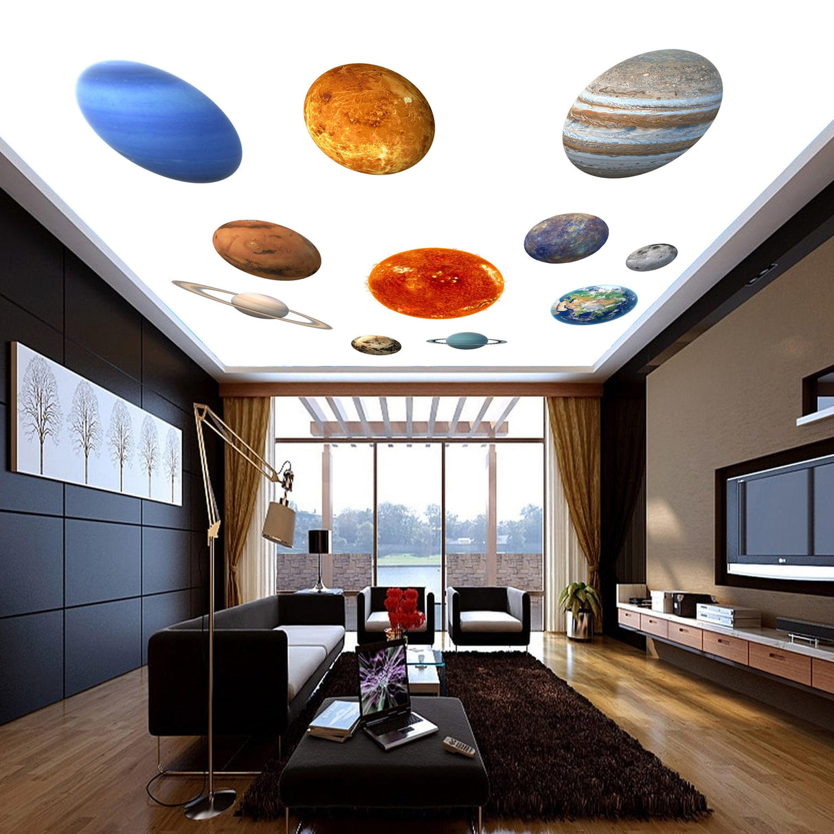 Glow in the dark planet wall decals showcasing the solar system on a ceiling in a stylish living room.