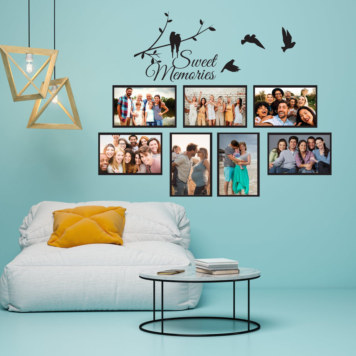 Wall decal with birds and quote 'Sweet Memories' above family photo frames in a bright room decor.