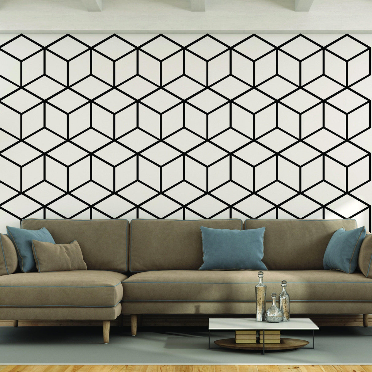 Geometric wall mural decal featuring a hexagon honeycomb design on a modern living room wall above a stylish sofa.
