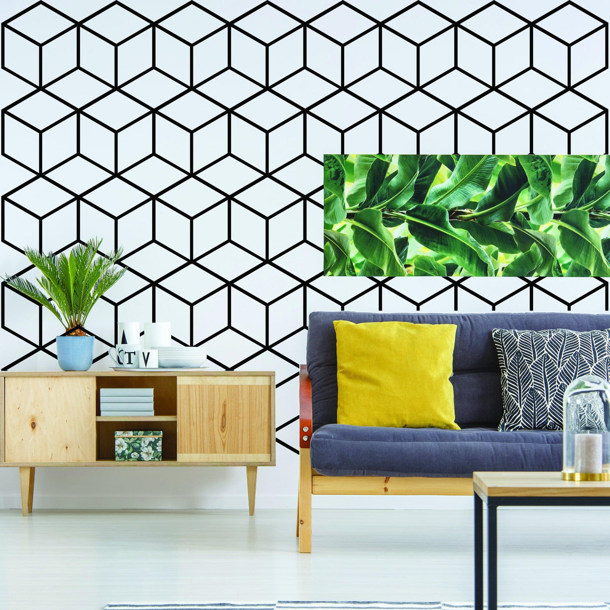 Geometric wall mural decal featuring a hexagon honeycomb design in a stylish living room setting.