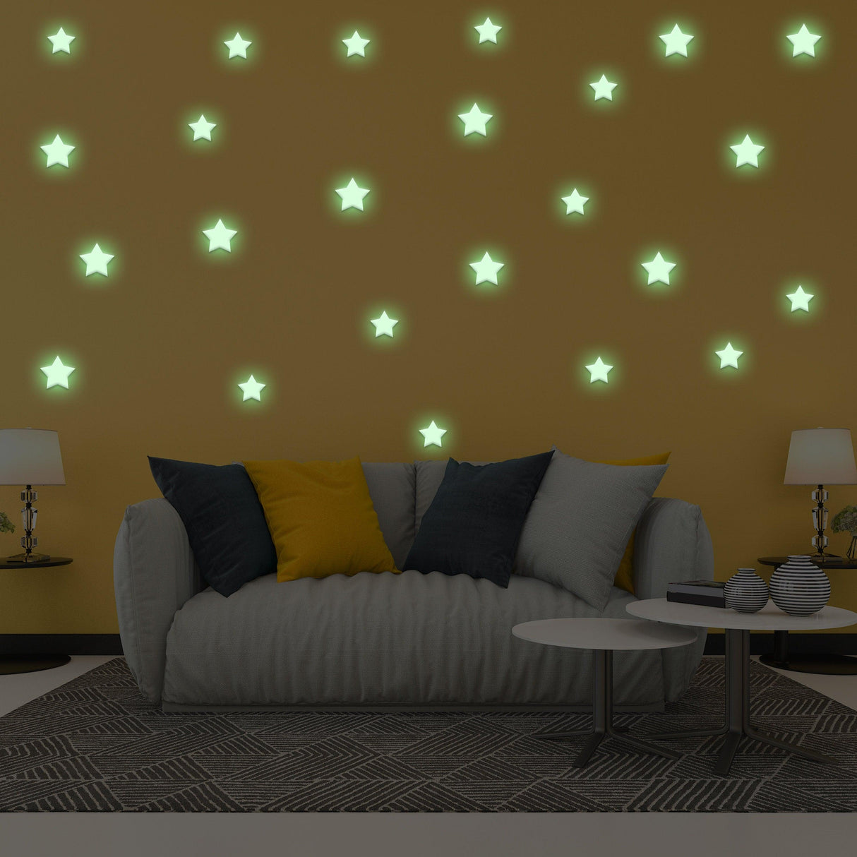 Glow in the dark star stickers on a yellow wall above a stylish couch, creating a magical children's room decor.