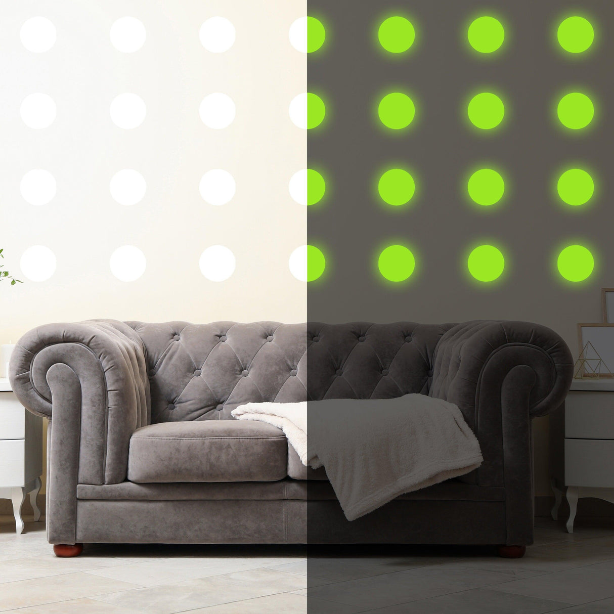 Glow in dark dots on wall, half lit and half glowing, creating a magical atmosphere in a living room decor.