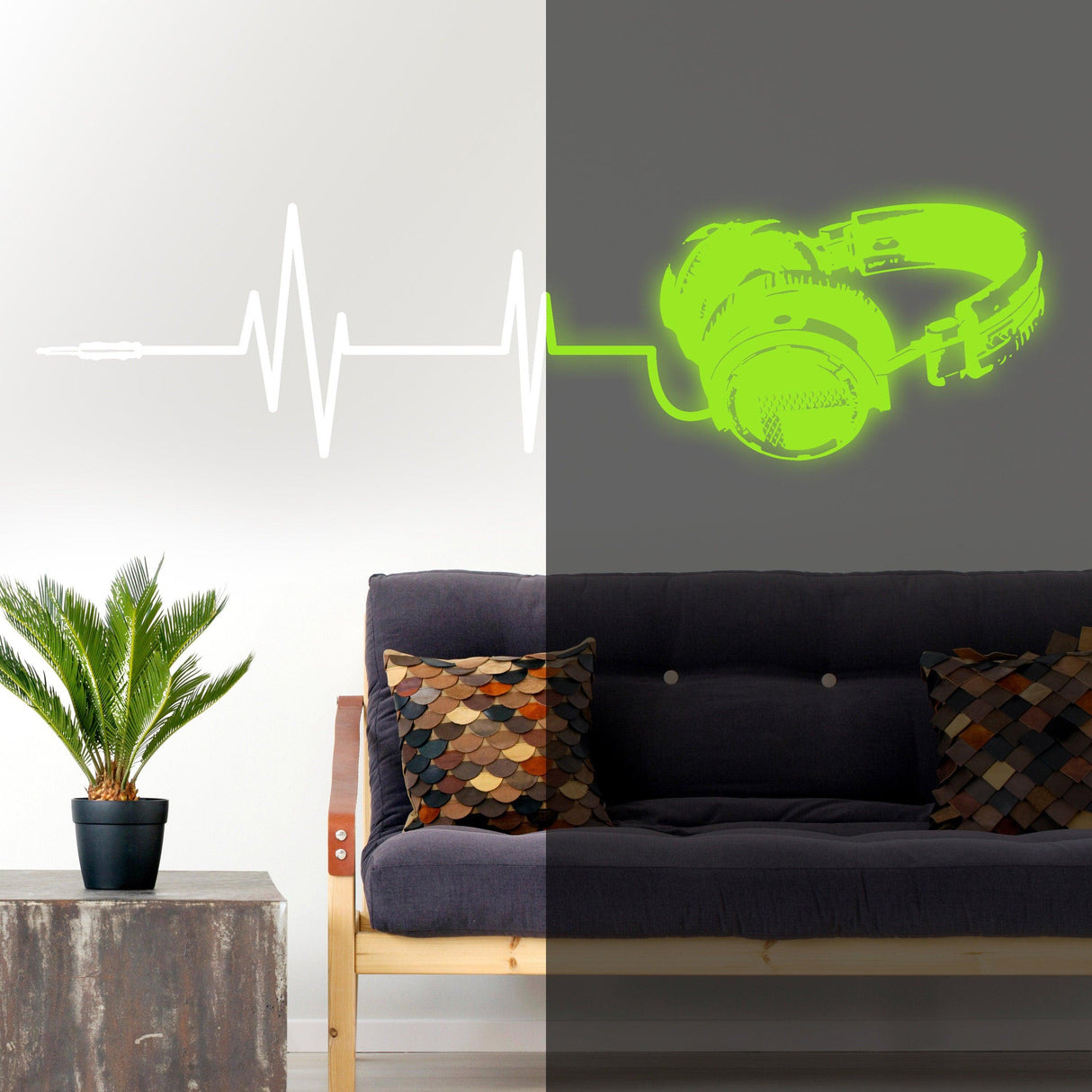 Glow in dark headphone vinyl wall sticker with sound waves in a modern living room setting.