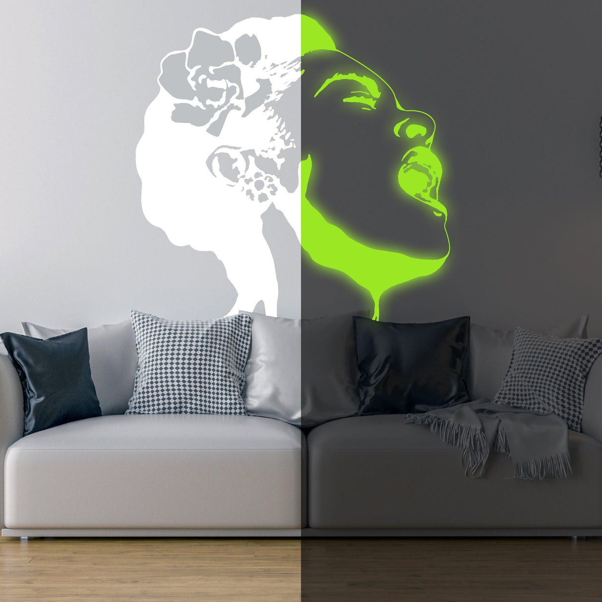 Glow-in-the-dark Banksy wall decal of a singing woman, adding vibrant urban art to a modern living room.