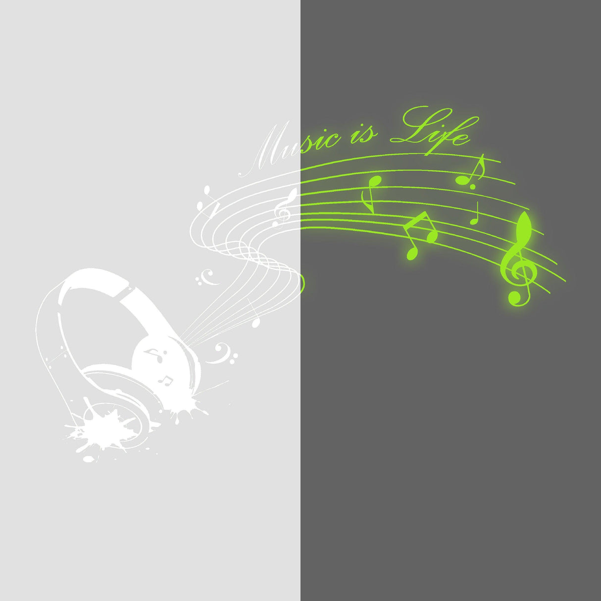 Glow in the dark wall sticker featuring headphones and musical notes with the quote 'Music is Life' in vibrant green.