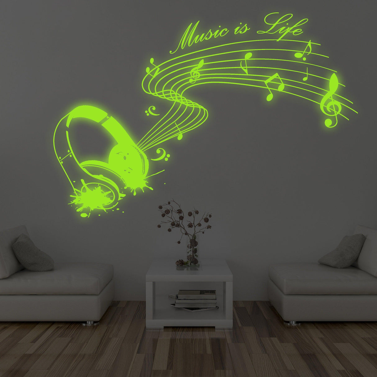 Glow in dark wall sticker with headphones and musical notes design, featuring 'Music is Life' quote for home decor.