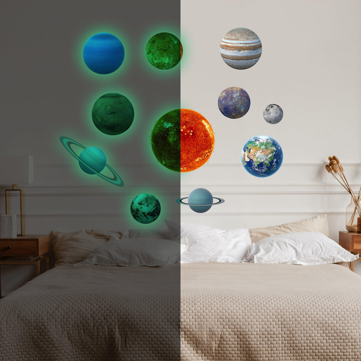 Glow in the dark planet wall decals showcasing the solar system in a bedroom setting, with vibrant colors illuminated.