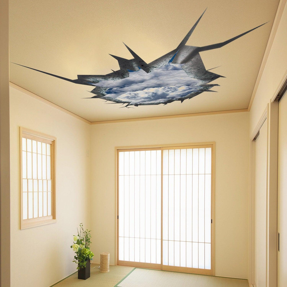 3D ceiling sticker depicting a blue sky porthole in a room, enhancing décor with an illusionary window effect.