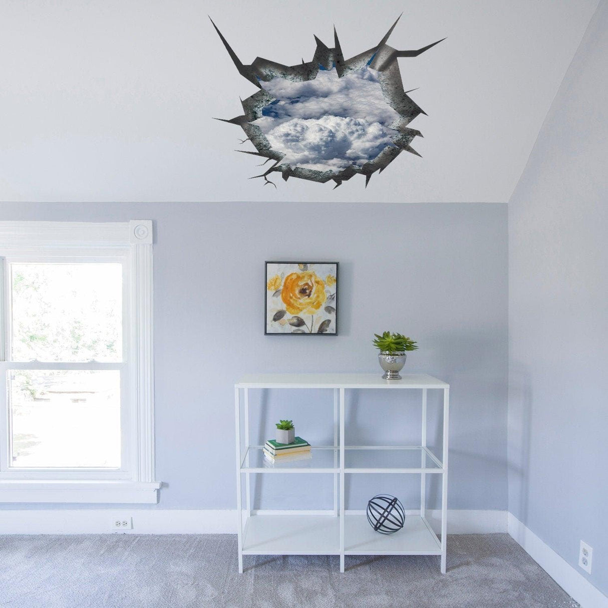 3D ceiling sticker of blue sky and clouds creating a porthole effect in a modern bedroom setting.