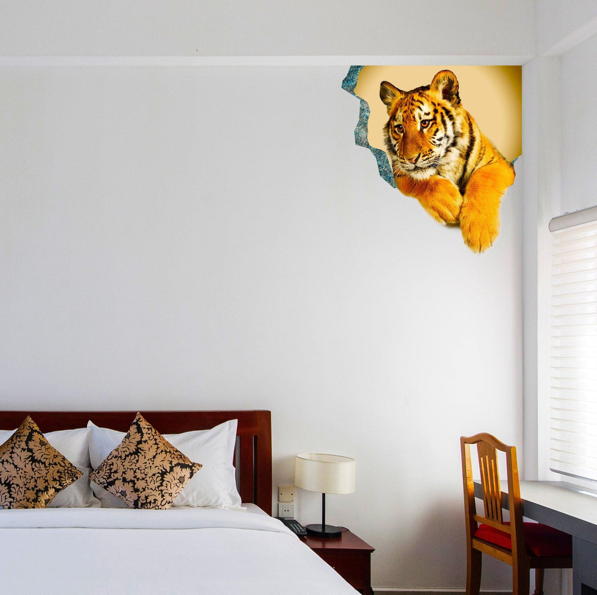 3D tiger sticker wall decal in a bedroom, showcasing a tiger peeking through the wall, enhancing room decor.