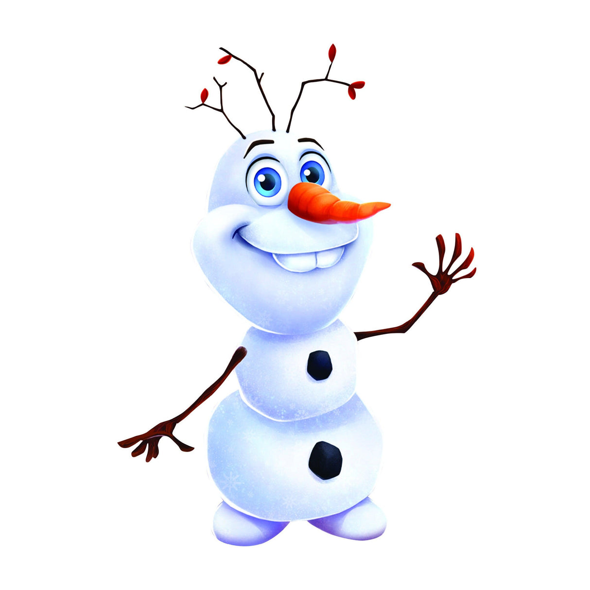Cheerful snowman character with a carrot nose and twig arms, perfect for holiday decorations.