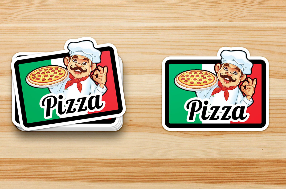 Colorful pizza stickers featuring a chef holding a pizza, perfect for food lovers and branding.