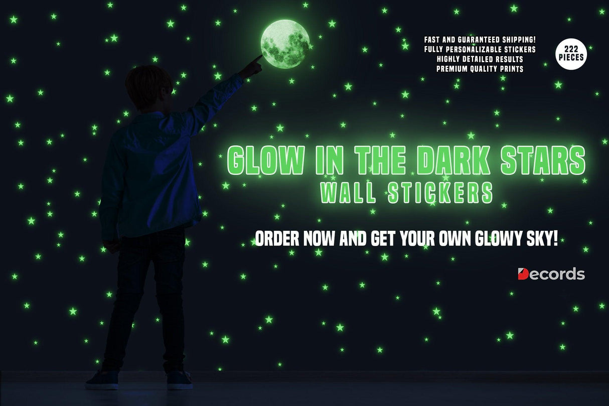 Child interacting with glow in the dark stars wall stickers in a dark room, creating a magical atmosphere.