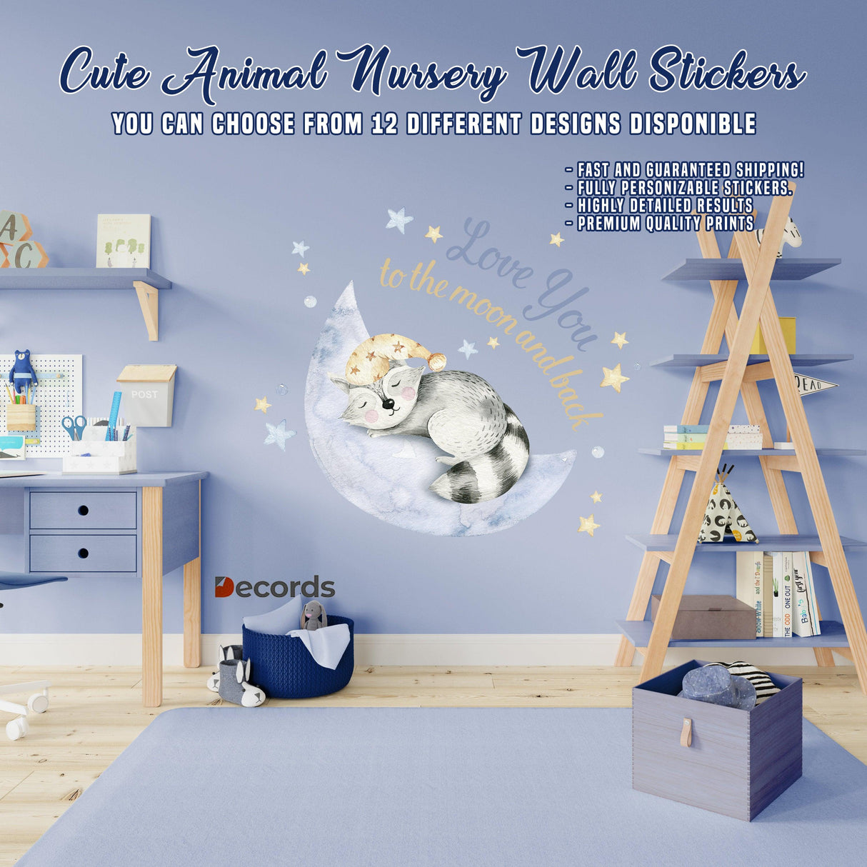 Cute animal nursery wall stickers with baby animals and moon decor, perfect for children's rooms in various designs.