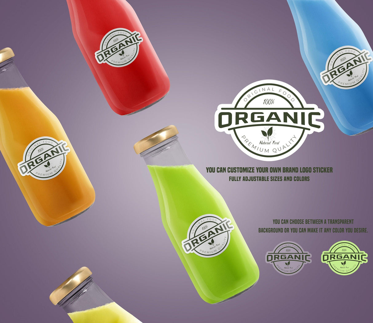 Customizable organic food stickers on colorful bottles, showcasing various sizes and colors for personalized branding.