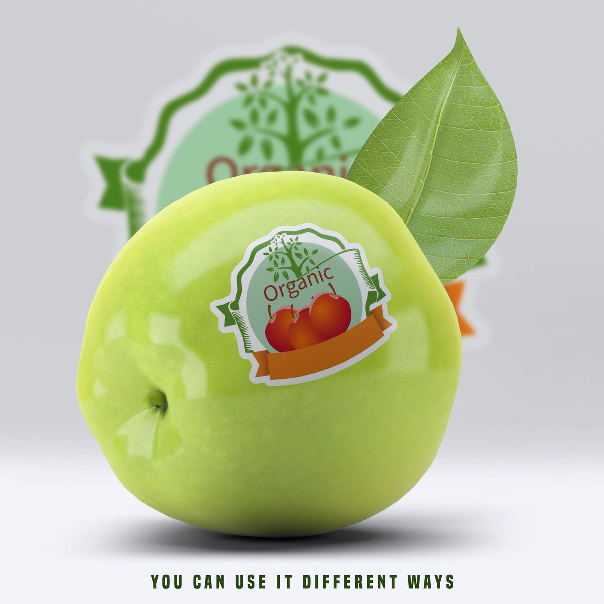 Green apple with an organic label, showcasing a laminated personalized kiss die cut sticker design.