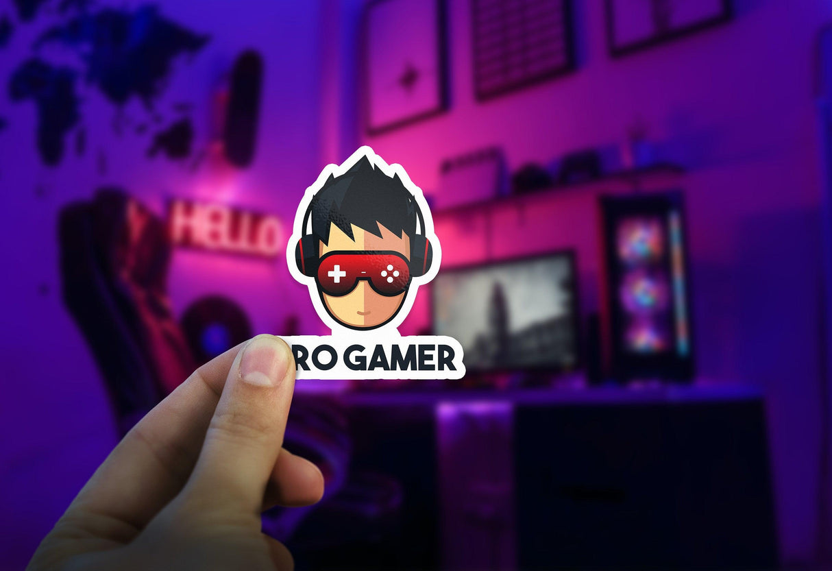 Custom Pro Gamer die cut sticker held in hand, showcasing vibrant gaming setup in background.