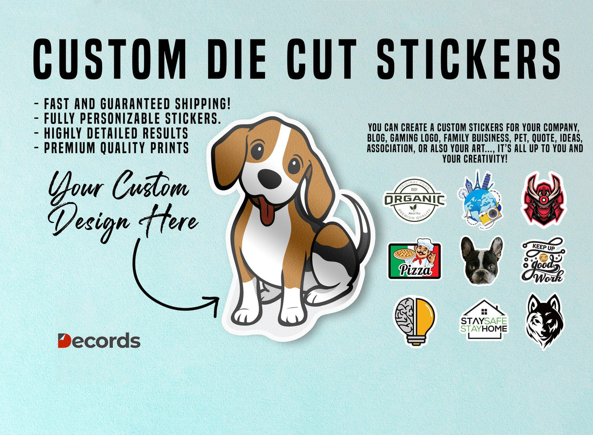 Custom die cut stickers display featuring a cartoon dog and various logo designs, highlighting personalization and quality.
