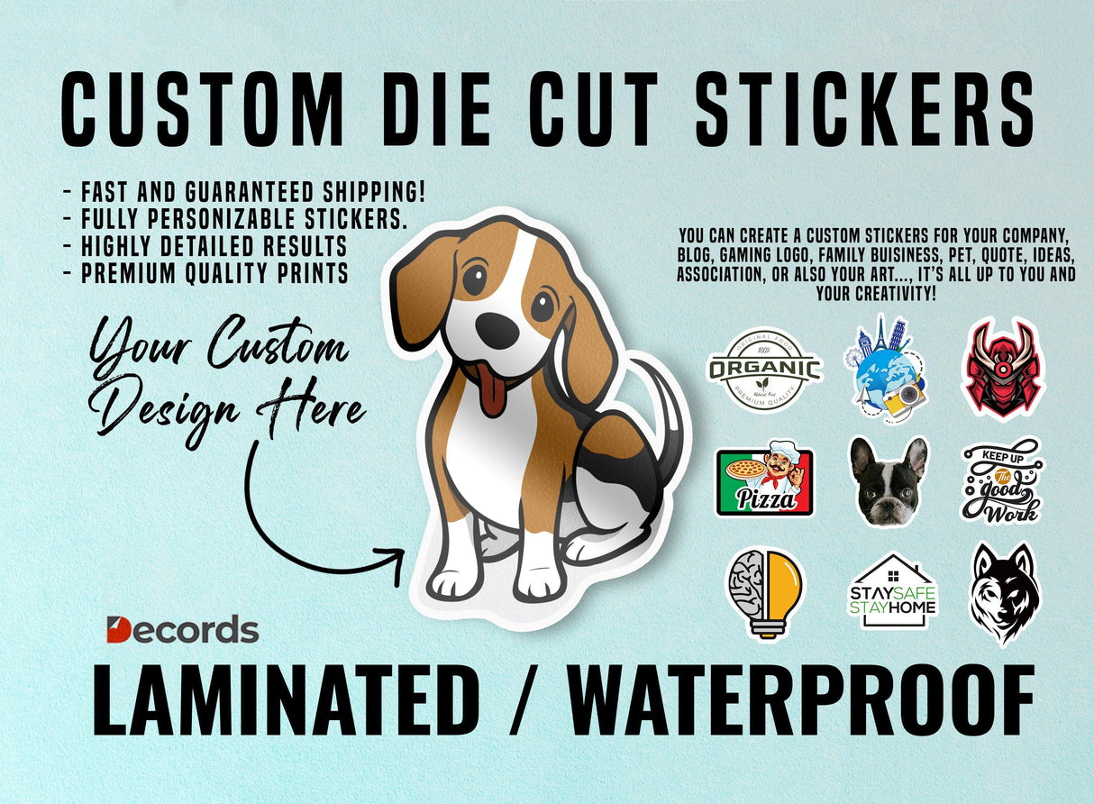 Custom die cut stickers featuring a friendly dog design, showcasing personalization and waterproof durability.