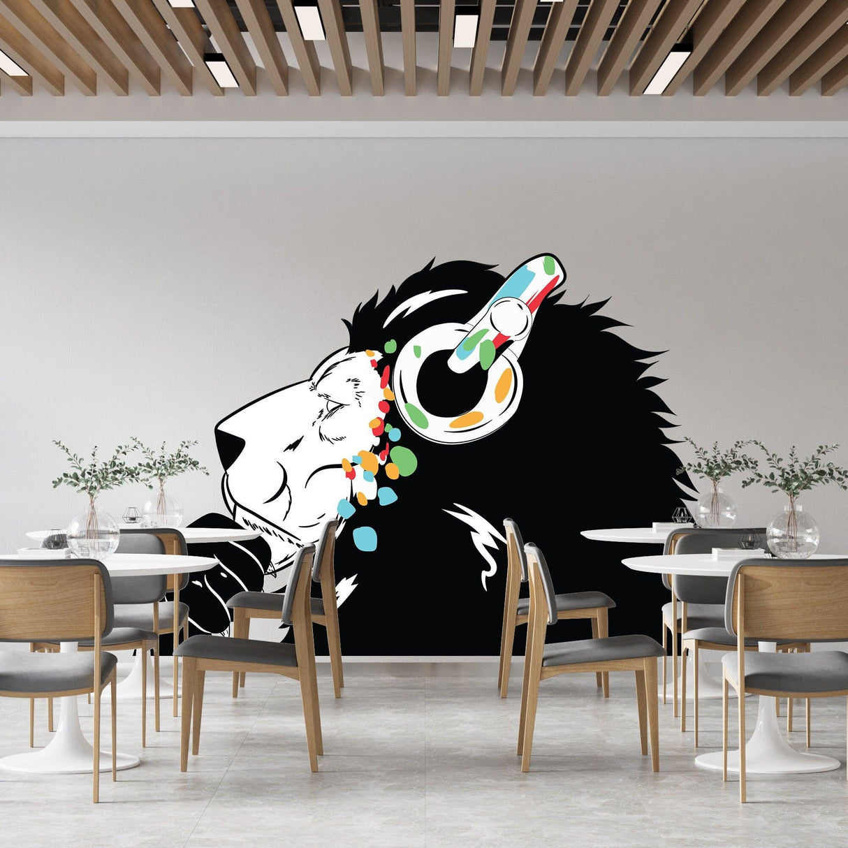 Lion wall sticker with colorful design in modern dining space, adding artistic elegance and wild charm.