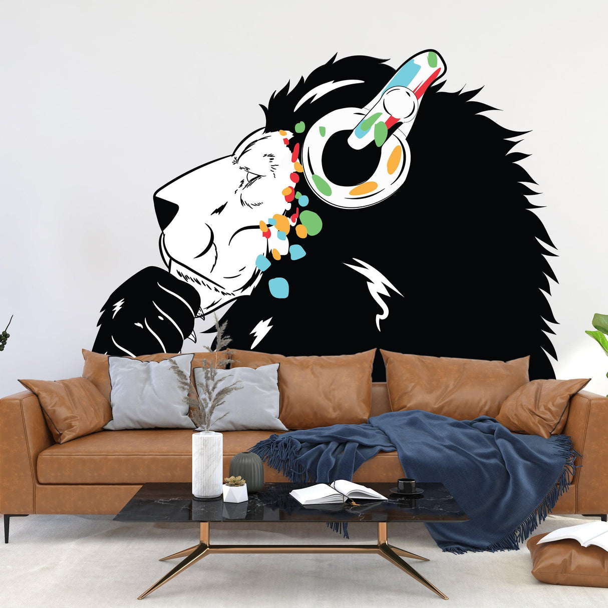 Lion wall sticker featuring a creative lion's head with headphones, adding a bold design to modern living spaces.