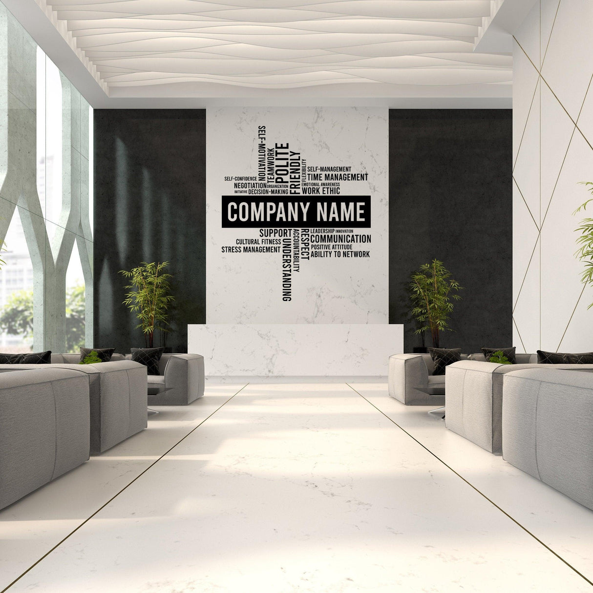 Modern office interior featuring a motivational wall decal with the phrases 'communication' and 'time management'.