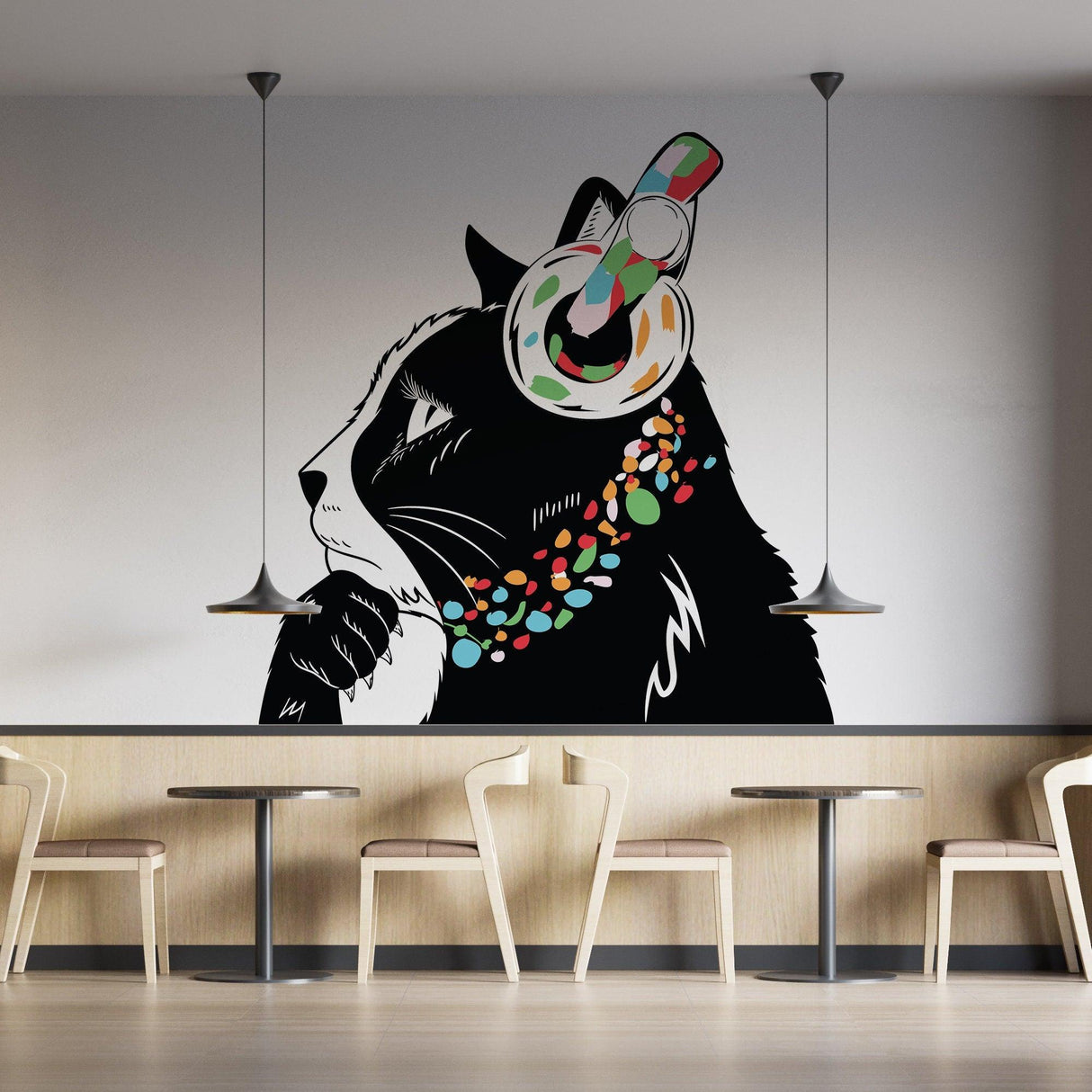 Stylish cat wall sticker featuring a black cat with headphones and colorful details in a modern cafe setting.