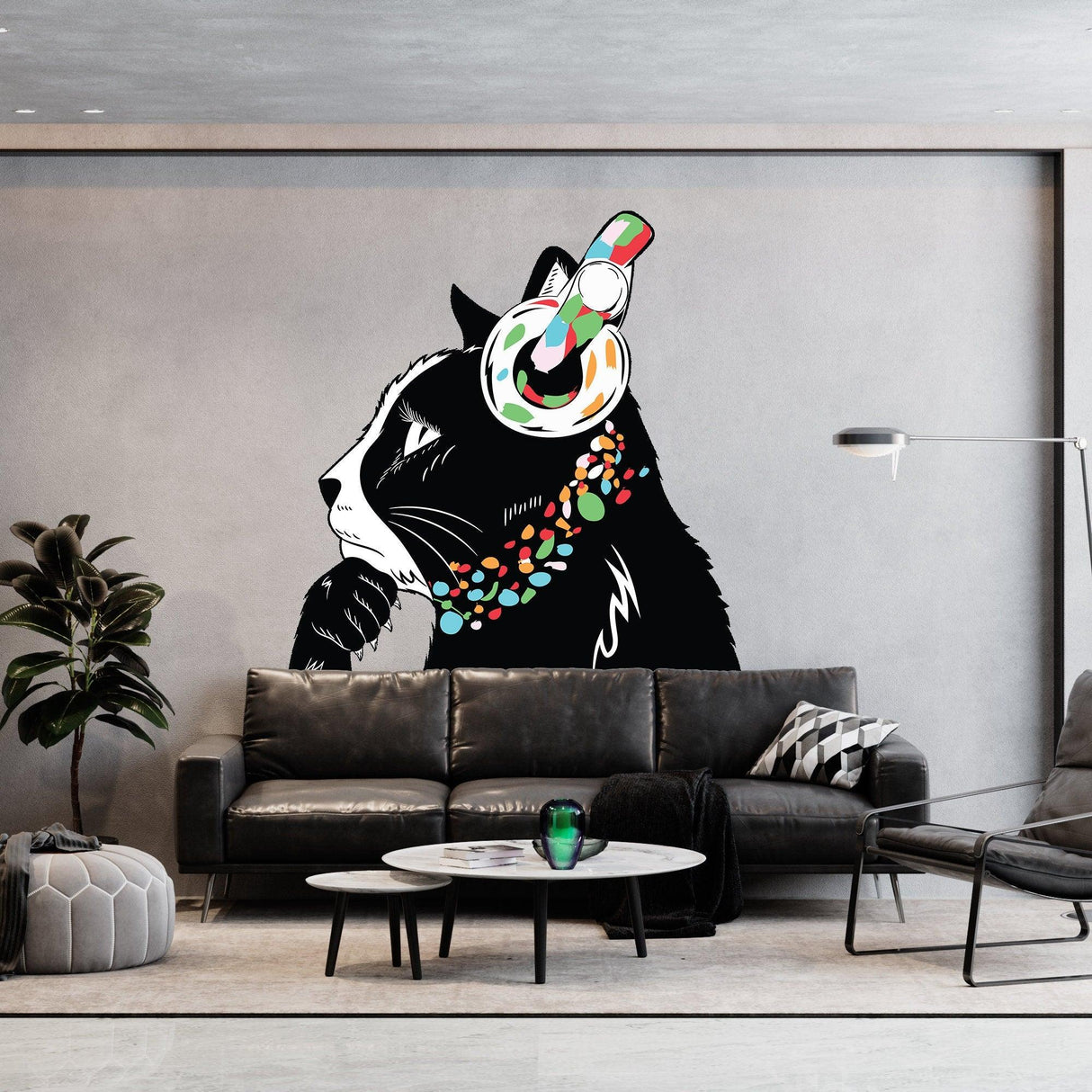 Black and white cat wall sticker with headphones, colorful details in a modern living room setting.