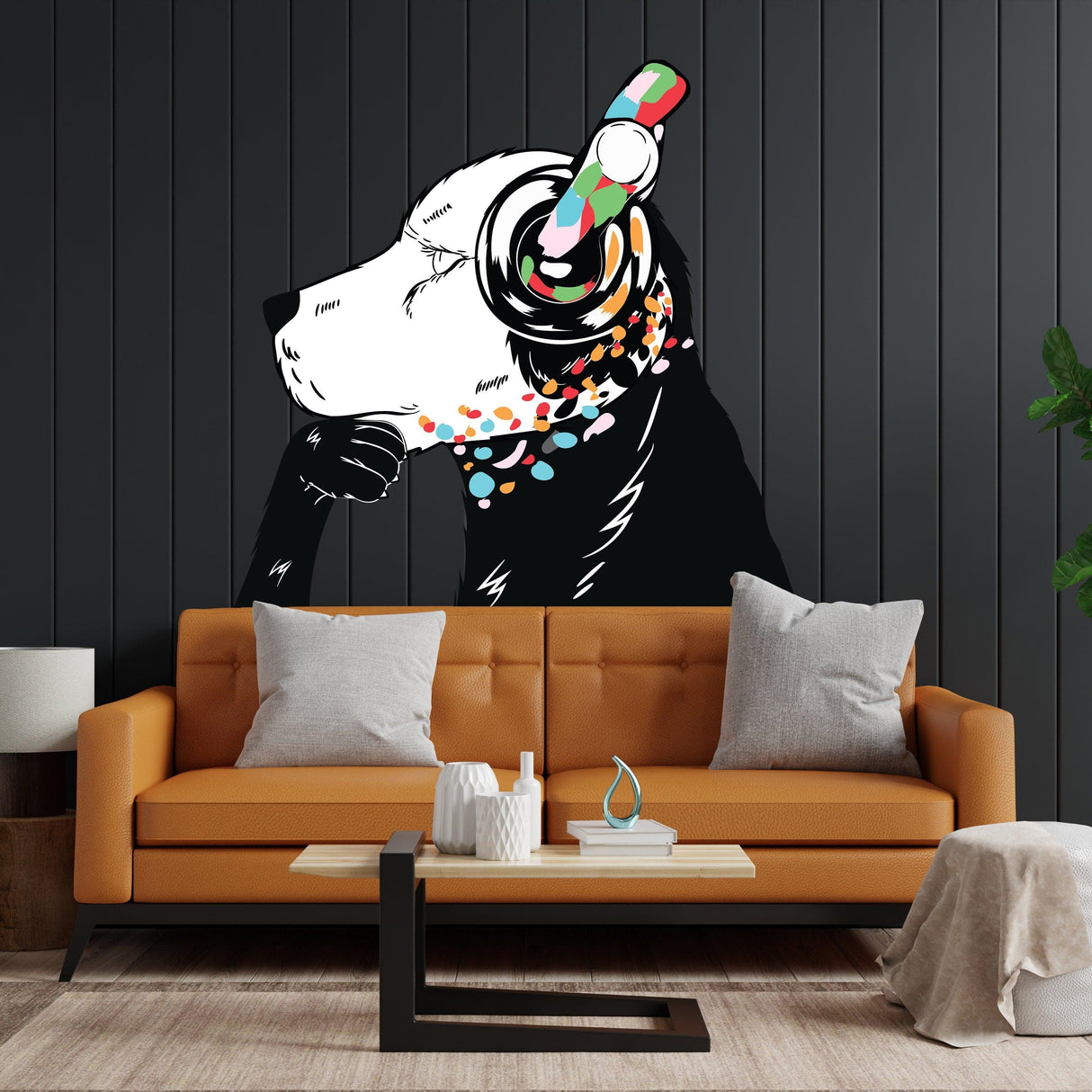 Thinking dog sticker wall decal featuring a dog with headphones, inspired by Banksy's art, bright and playful design.