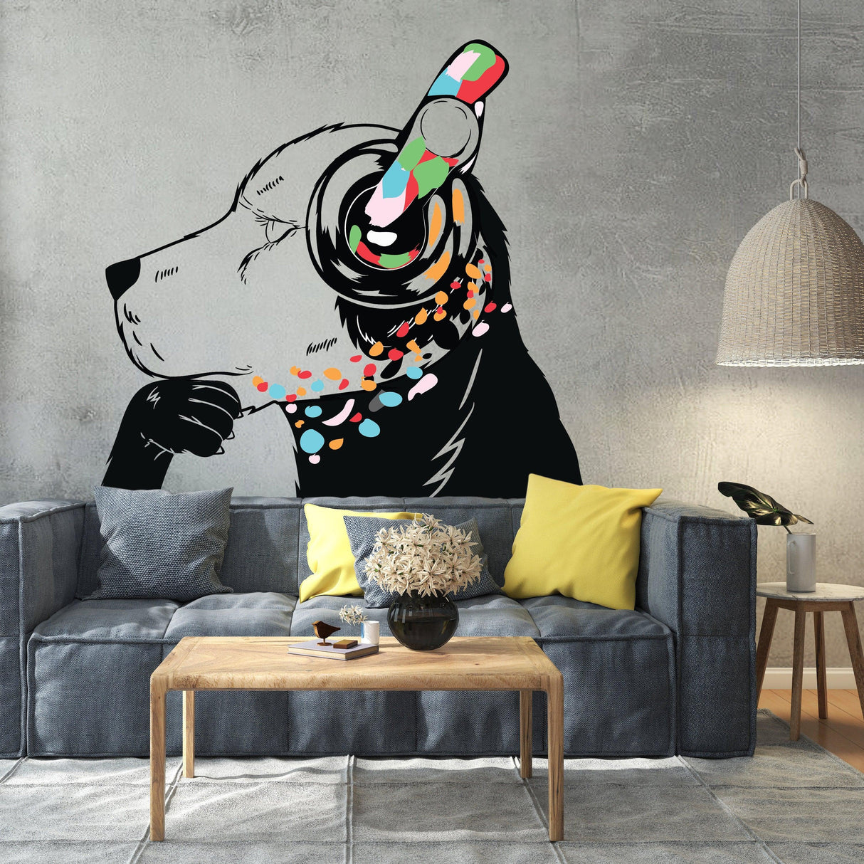 Stylish dog wall sticker featuring a dog wearing headphones, adding artistic flair to a modern living room.