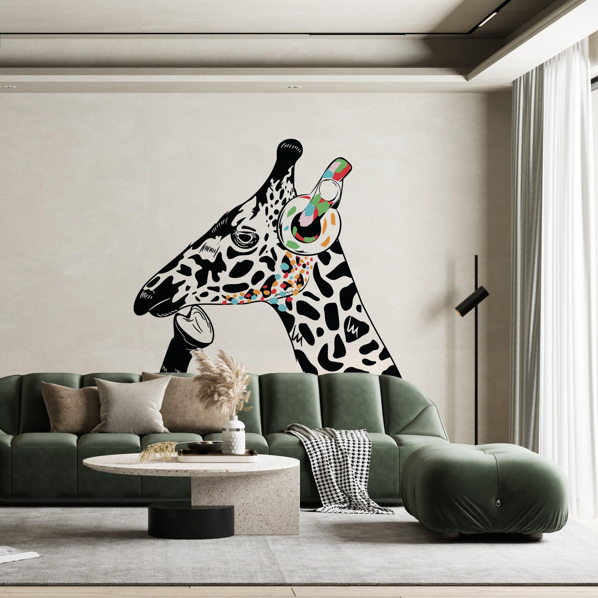 Thinking Giraffe wall decal in modern living room, inspired by Banksy art, adding creativity and style to decor.