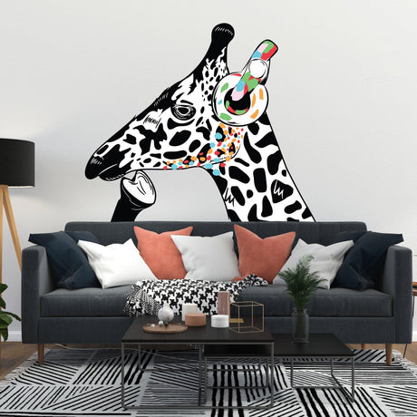 Thinking Giraffe Sticker vinyl decal in a stylish living room, inspired by Banksy art for creative decor.