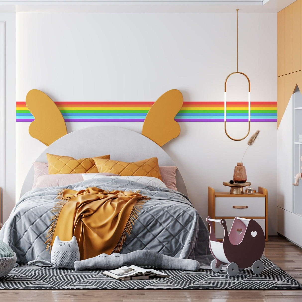 Colorful rainbow stripe vinyl sticker on nursery wall, enhancing playful decor for kids' room.